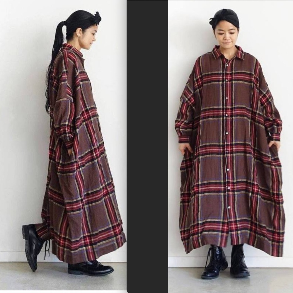 Ichi Antiquities Wool Tartan Shirt Maxi Dress Brown One Size Made in Japan